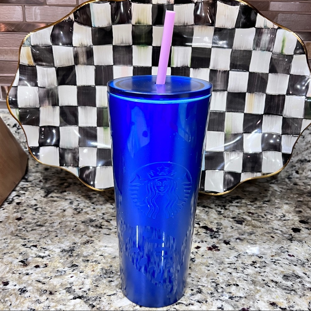 Starbucks Stainless Cup Blue Pink Straw EUC